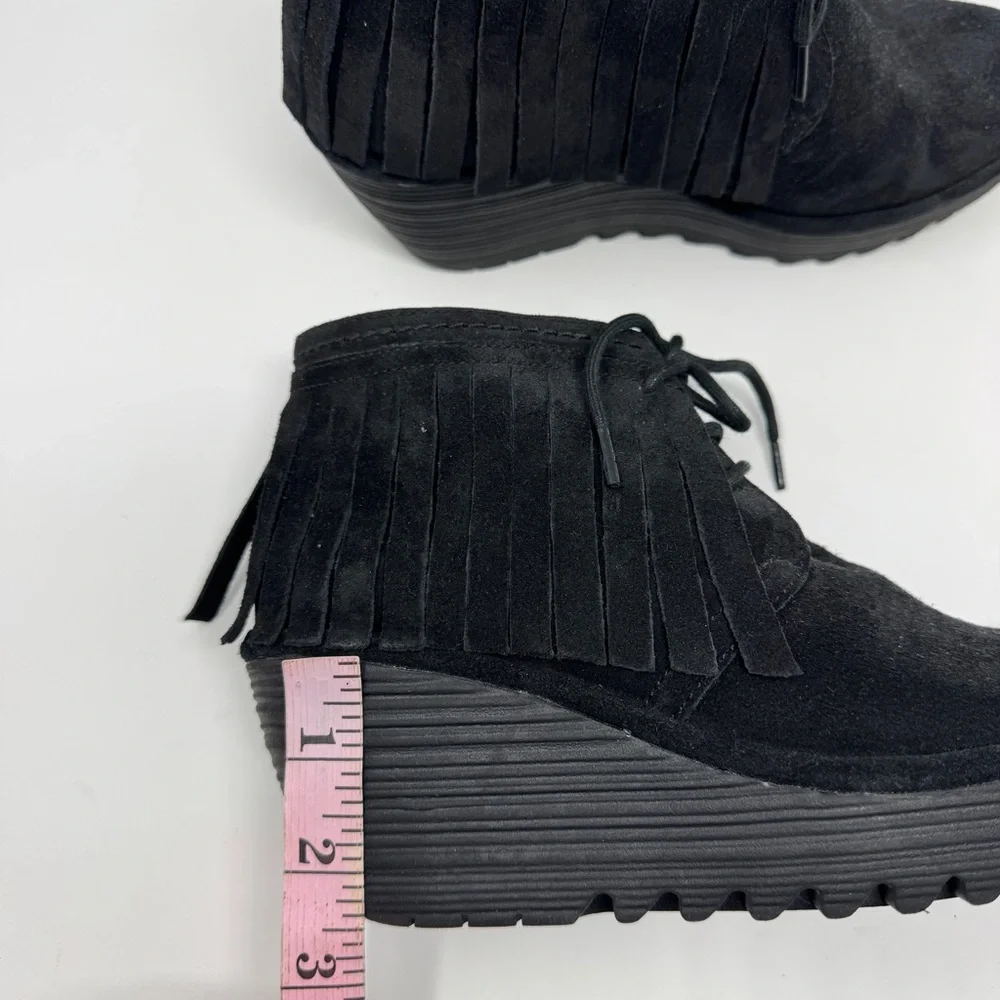 Fly London Yank Black Suede Fringe Wedge Ankle Boots Lace-Up Boho Booties